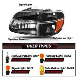 BRYGHT Headlight Assembly Fit for 95 to 01 Ford Explorer / 97 Mercury Mountaineer with Corner Lights 4pcs Passenger and Driver Side (Black Housing with Amber Reflector)