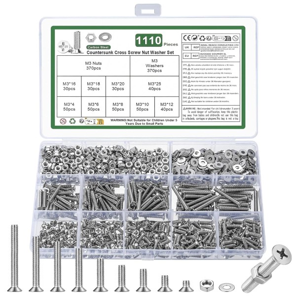 Unbranded 1110Pcs M3 Phillips Flat Head Screws Bolts and Nuts