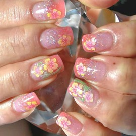 Square Press on Nails Short Gradient Fake Nails with Glitter Flower Designs Yellow Glue on Nails Short Square Nails Press ons Glossy Acrylic False Nails Cute Artificial Stick on Nails for Women 24Pcs