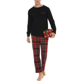 Vlazom Men's Pyjamas Sets Long-Sleeve Pj's Set Soft Loungwear Solid Top and Check Pant with Pockets D-Black,L