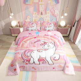 Erosebridal Unicorn Bedding Set for Girls Full Kawaii Rainbow Unicorn Comforter Set Bedroom Decor for Girls Kids Cartoon Horse Duvet Set Ombre Stars Quilt Comforter Pink 3 Pcs