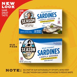 Season Sardines in Extra Virgin Olive Oil - Wild Caught, Lightly Smoked, 21g of Protein, Keto Snacks, More Omega 3's Than Tuna, Kosher, High in Calcium, Canned Sardines - 4.37 Oz Tins, 12-Pack