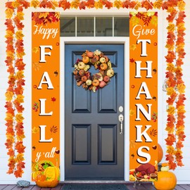 Fall Decorations for Home Happy Fall & Give Thanks Porch Banner Pumpkin Maple Leaves Door Welcome Signs for Autumn Harvest Thanksgiving Decorations Decor Indoor Outdoor