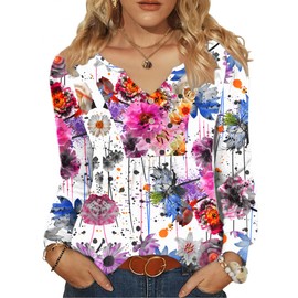 Zeagoo Spring Tops for Women Long Sleeve T Shirts Dressy Business Casual Blouse Henley V-Neck Basic Top 2025 Fall Fashion Floral Tunic Top Colorful