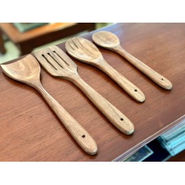 4 Piece Non-Stick Acacia Wooden Cutlery Spoon Set For Cooking, Wood Kitchen Utensils Salad Spoon & Fork, Turner & Slotted Spatula Set, Long Handle Cookware Tools, 12 & 10 Inch, Natural Brown