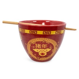 Boom Trendz Year Of The Pig Chinese Zodiac Ceramic Dinnerware Set Includes 16-Ounce Ramen Noodle Bowl Wooden Chopsticks Asian Food Dish Set Home & Kitchen Kawaii Lunar New Year Gifts, Red, One Size
