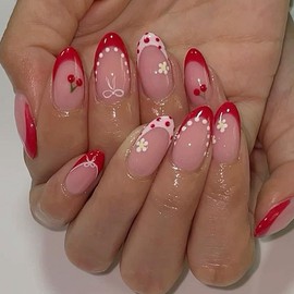 Red French Tip Press on Nails Short Almond QUNQINLI Nude False Nails Glossy Acrylic Fake Nails Press ons with Cherry Bow Flowers Design Gel Glue on Nails Cute Stick on Nails for Women 24Pcs