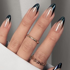 YOSOMK French Tip Press on Nails Medium Almond Fake Nails with Designs Black Chrome Glue on Nails Glossy False Nails for Women and Girls