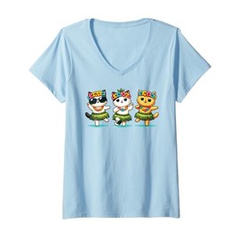 Womens Kawaii Hawaiian Hula Dance Cats Cute Tropical Aloha Cat Kids V-Neck T-Shirt