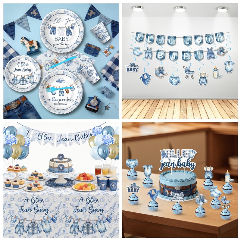 Owelleny Blue Jean Baby Shower Decorations Supplies Boy, Rustic Denim