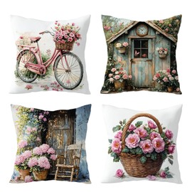 EOBTAIN Farmhouse Throw Pillow Covers 18x18 Set of 4,Rustic Pink Flower and Bicycle Pillow Cases,Vintage Country Decorative Square Pillowcases,Soft Velvet Cushion Covers Seasonal Decor for Home