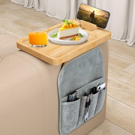 Armrest Tray Table for Couch Arm Tray, Bamboo Clip On Couch Armrest Table with 360° Phone Holder and Sofa Armrests Organizer, Sofa Arm Trays Tables Couchs Caddy for Home Drinks/Snacks/Device