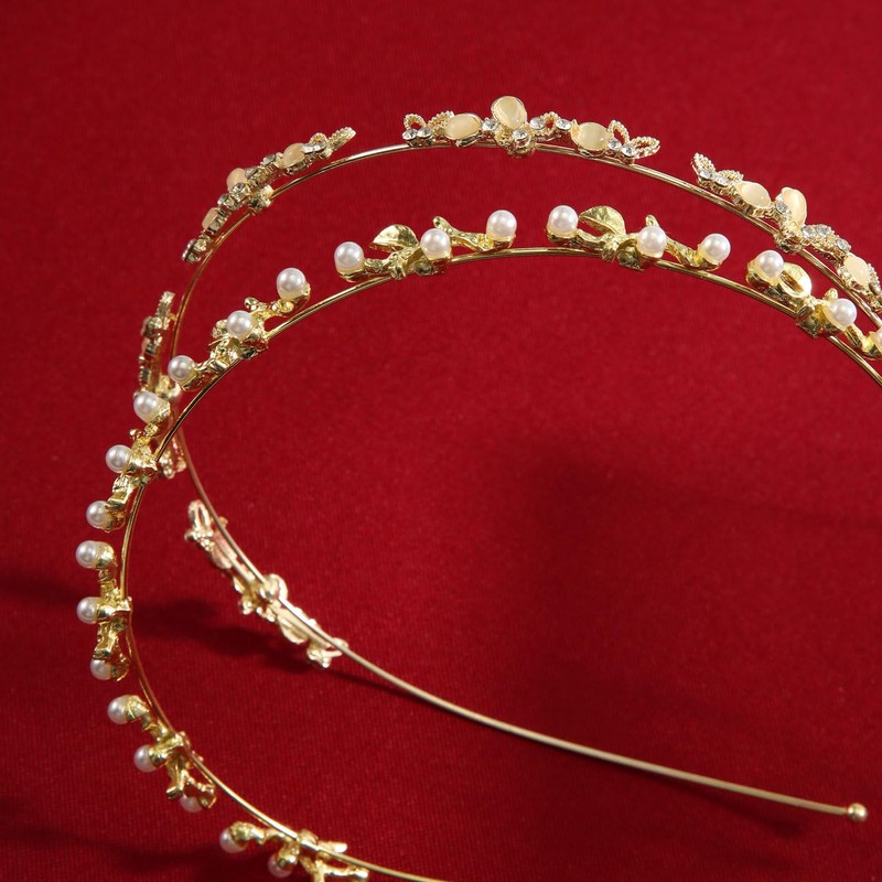 2pcs Rhinestone Headbands, Gold Crystal Flower Headpieces Elegant Pearl Floral