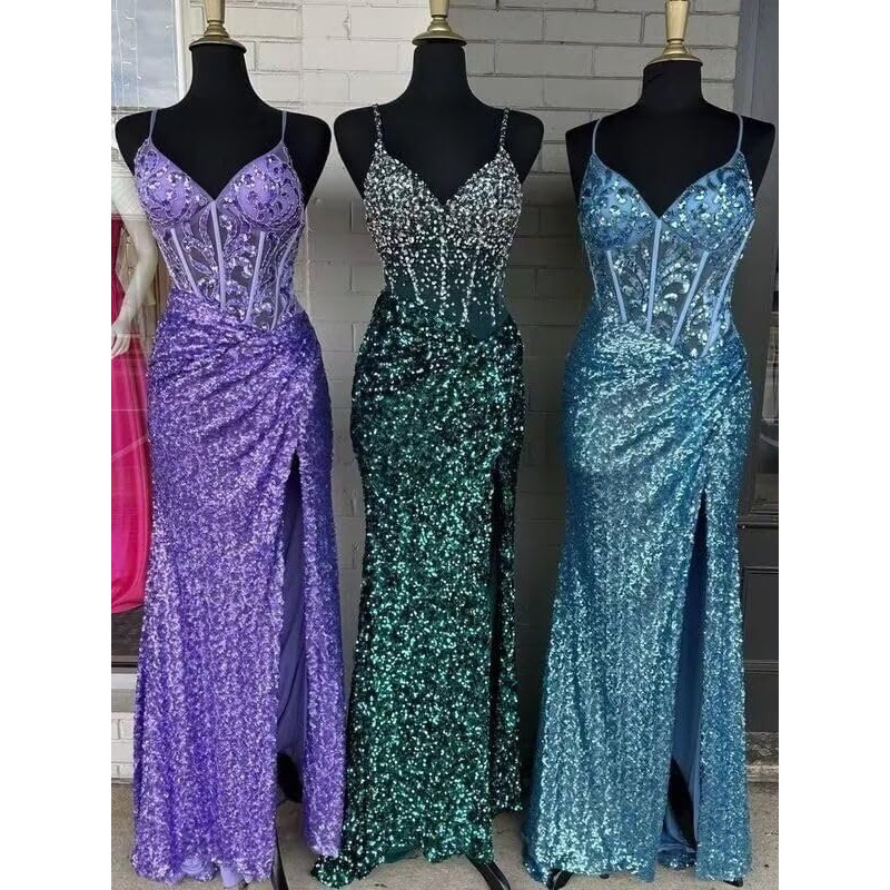 V Neck Sequin Prom Dresses Long 2025 for Women Mermaid