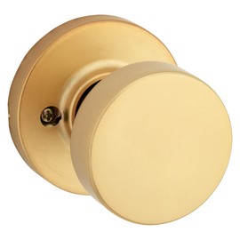 Kwikset Pismo Dummy Door Knob, Single Sided Handle for Closets, French Double Doors, and Pantry, Satin Brass, Round, Non-Turning Interior Push/Pull Door Knob, Microban Protection