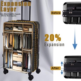 HOTEEL Expandable 5 Piece Luggage Set (4-YEARS WARRANTY) ABS+PC Hardshell Carry on Suitcase Silent Universal Wheels & TSA Lock for, Unisex Rolling Suit Case, for Travel, Family, Black (20/24/28/DB/TB)