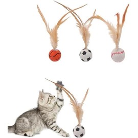3PCS Sports Bouncy Tails Cat Toys Feather Bouncy Ball Cat For Cats Soccer Basketball Tennis Pets Interactive Feather Ball Toy - Color: 1 Set(3pcs)