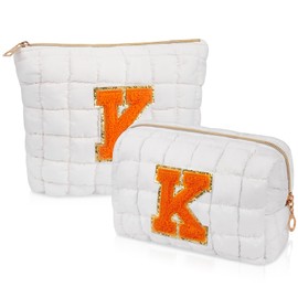 2PCS Initial Checkered Makeup Bag, Quilted Cosmetic Bag, Cute Make up Pouch for Purse, Travel Toiletry Storage Bag for Women Preppy Teen Girls Gift Trendy Stuff Gift (White K)