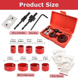 Hole Saw Sets, 11Pcs Holesaw Set, 19-64 mm Hole Cutter with A Pair of Gloves, Storage Box, Holesaws Carbon Steel Downlights Drill Bit Tools for Drilling Soft Metal, Wood, PVC, Plastic