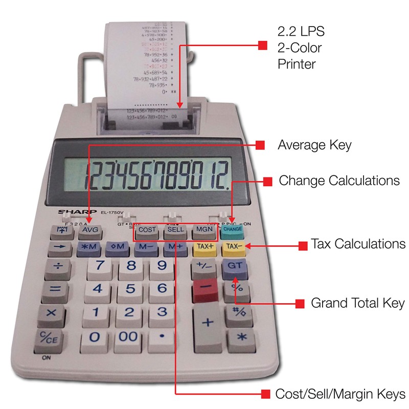 Sharp El-1750V 12-Digit Desktop Printing Calculator, White