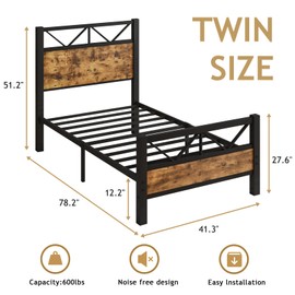 CHABUILDREARK Twin Bed Frames, Industrial 51.2" Platform Bed, Tall Headboard Twin Bed Frame with Strong Metal Support, Twin Bed Frame with Headboard, No Box Spring Needed, Easy Assembly, Rustic Brown