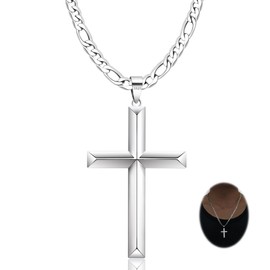 Rasetil 925 Sterling Silver Cross Necklace for Men Women with 4.5MM Stainless Steel Strong Durable Figaro Chain 18K White Gold Plated Crucifix Pendant Necklace Jewelry 16-28 Inches, 46 cm=18 in,