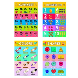4 Pack - Numbers, Colors, Shapes, Alphabet ABC Chart for Wall for Toddlers - Counting Numbers Alphabet Posters for Classroom Wall Decor Preschool Homeschool Supplies (Size 12 * 16)