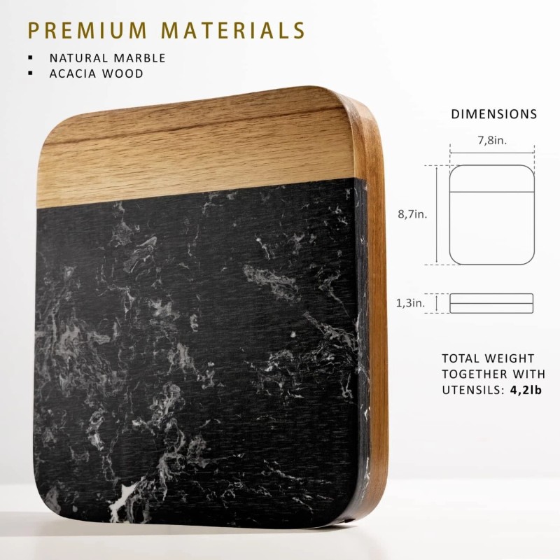 Cheezcare Black Marble Cheese Board - Acacia Wood - 3-Knife
