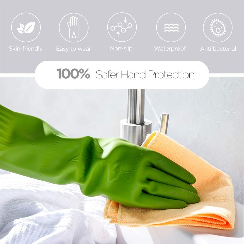 YSLON Rubber Dishwashing Glove Kitchen Cleaning Gloves 3-Pairs,Waterproof Reuseable.(Green,Medium)