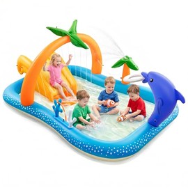 Inflatable Play Center, Kiddie Pool with Slide & Sprinkler – 95"x75"x40" Outdoor Blow-Up Splash Pad Pools for Toddlers Ages 2+, Backyard Kids Water Slide for Summer Fun