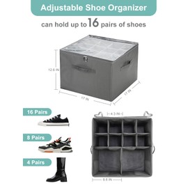 HNZIGE Shoe Organizer for Closet, Foldable Shoe Box with Adjustable Dividers, Large Shoe Storage Box Baskets Bins for Entryway with Clear Window Fits Up to 16 Pairs, 1 Pack-Grey