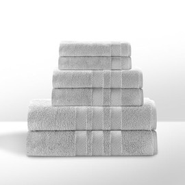 One Thousand Reasons Zero Twist Bathroom Towel Set - Luxury Bath Towel Sets for Bathroom, Hands, and Washcloths - Quick Dry and Absorbent - 6 Pieces, 3 Stripe, Stone