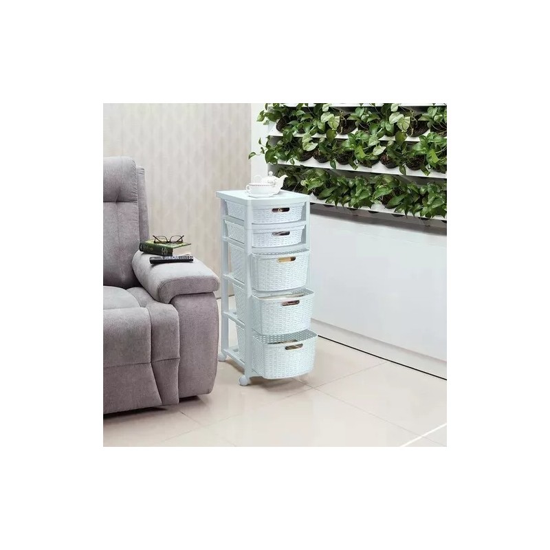 Rimax Cajonero Estilo Rattan Con 5 Gavetas Altas Con Ruedas