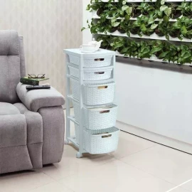 Rimax Cajonero Estilo Rattan Con 5 Gavetas Altas Con Ruedas Blanco