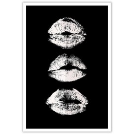 Contemporary Black And White Kiss Lips Fashion Wall Art Canvas Prints For Bathroom, Toiletmakeup Room 12x16in Unframed