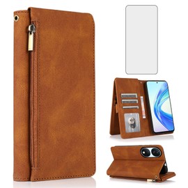 Asuwish Compatible with Honor 90 Smart / X7b (4G＆5G) / Honor Play 50 Plus/Play 8T Wallet Case Screen Protector and Zipper Retro Leather Flip Cover Card Holder Stand Cell for HonorX7b Women Men Brown