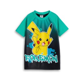 Pokémon Pikachu Boys Swim Top in Green | Short Sleeve Graphic Tee | Classic Cartoon Beachwear | Pull-On Crew Neck Swimwear | Adorable Pikachu Design for Swimming Fun - 6-7 Years