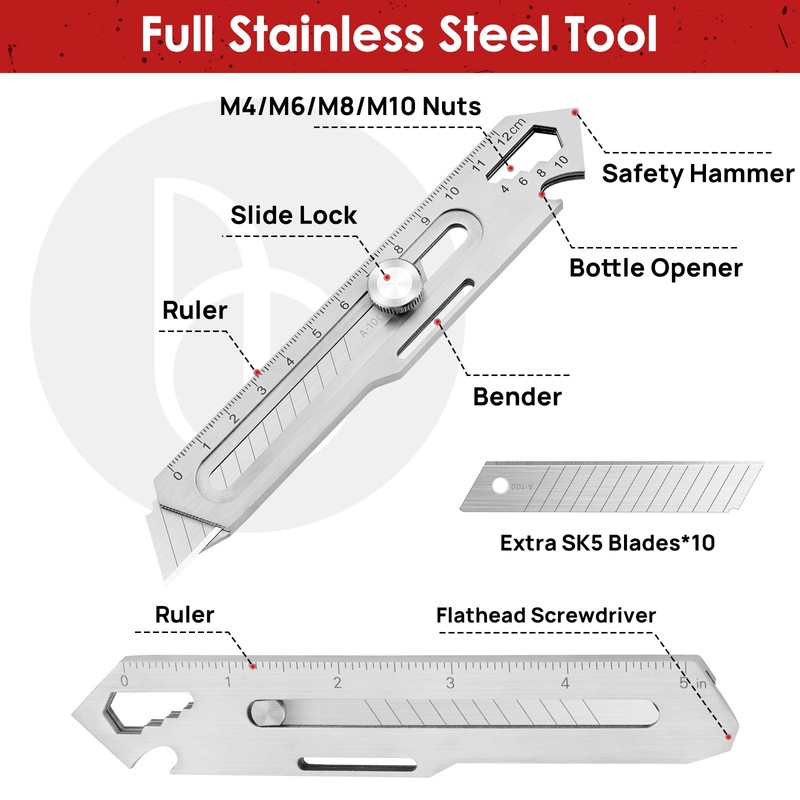 Utility Box Cutter - Stainless Steel Multi-Functional Tool With 10
