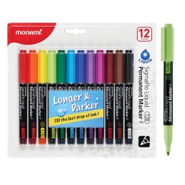 MONAMI SigmaFlo Liquid Permanent Marker 128, Fine Tip (2.0mm), Liquid Ink Direct Delivery System, Assorted Colors, 12-Pack