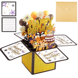 3D Pop Up Card, Birthday, Happy Birthday Card, Black Gold 3D Birthday Card Pop Up, Birthday Card with Envelopes and Cards, for Women, Men, Family, Friends