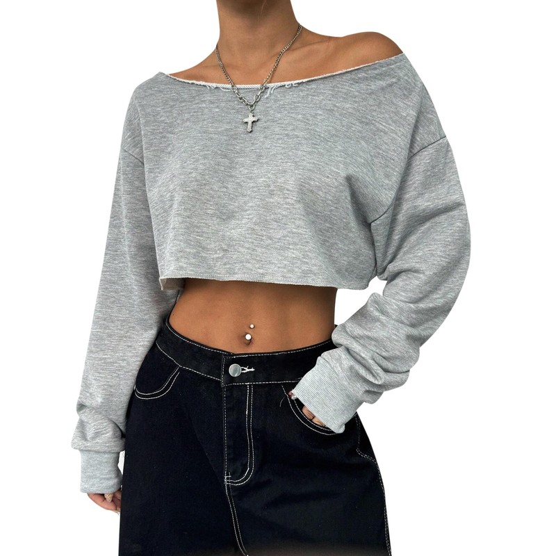 Remidoo Women's Off the Shoulder Cropped Sweatshirt Asymmetrical Neck Long