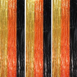 Voircoloria 3 Pack 3.3 x 8.2 ft Black Gold Orange Foil Fringe Backdrop Curtains, Tinsel Streamers Party Decorations, Fringe Backdrop, Door Shimmer for Construction or Birthday Party