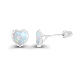 Solid 14K White Gold 4mm Heart Shaped Created Opal October Birthstone Bezel Screw Back Stud Earrings