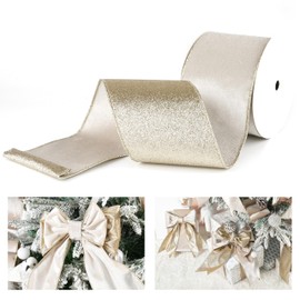 LIZLOVESS Champagne Velvet Wired Ribbon with Glitter Back 4 Inch Champagne Gold Christmas Ribbon Wired Ribbon for Christmas Tree, Gift Wrapping, Mantel, Wreaths Supplies, Topper Bows (10 Yards)