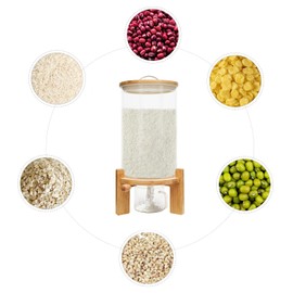 HAPPCUCOE 5L/ 7.5L Glass Rice Dispenser with Wooden Stand,Flour and Cereal Container with Glass Measuring Cup,for Storing Rice, Flour, Nuts, Coffee Beans, Cereals (7.5L)