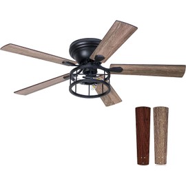 Breezary 52 Inch Flush Mount Farmhouse Ceiling Fan with Light and Remote, Reversible AC Motor, 5 Dual Finish Blades, Industrial Low Profile Black Ceiling Fan light for Bedroom Home
