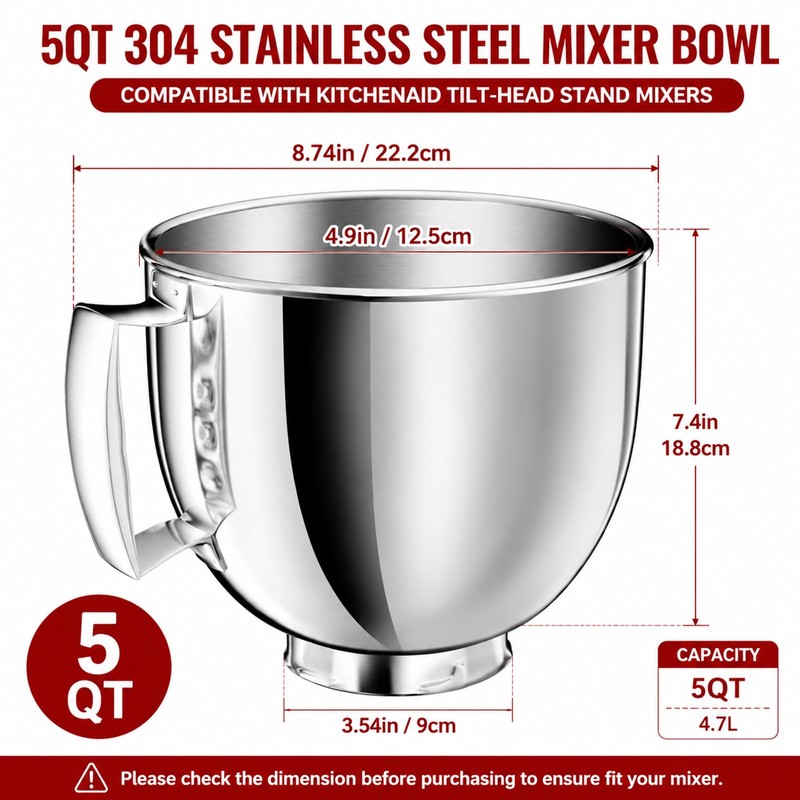 FISHFRUIT 5qt Stainless Steel Mixer Bowl for KITCHEN AID Tilt-Head