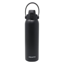 New Aquatix (Black, 32 Ounce) Pure Stainless Steel Double Wall Vacuum Insulated Sports Water Bottle Convenient Flip Top Cap with Removable Strap Handle - Keeps Drinks Cold 24 hr/Hot 6 hr