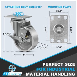 SY America 4" Heavy Duty Casters Set of 4,Cast Iron Semi-Steel Caster Wheels,Metal Industrial Casters,1600 LB Capacity-4 Brake
