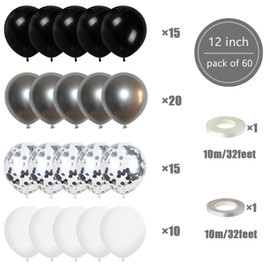 60PCS 12 Inches Black Sliver White Balloons Black Sliver Balloons Set Black and Sliver Balloons Metallic Sliver Latex Balloons Helium Balloons Sliver Confetti Balloons for Wedding Birthday Graduation